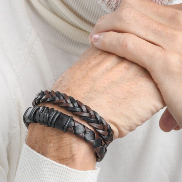 Brown & Black Braided Leather Bracelet - Image 2