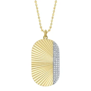Ribbed Dog Tag Pave Diamond Necklace in yellow gold