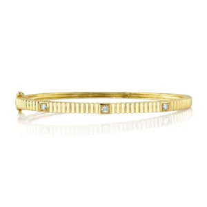 Ribbed 14k yellow gold & Diamond Bangle
